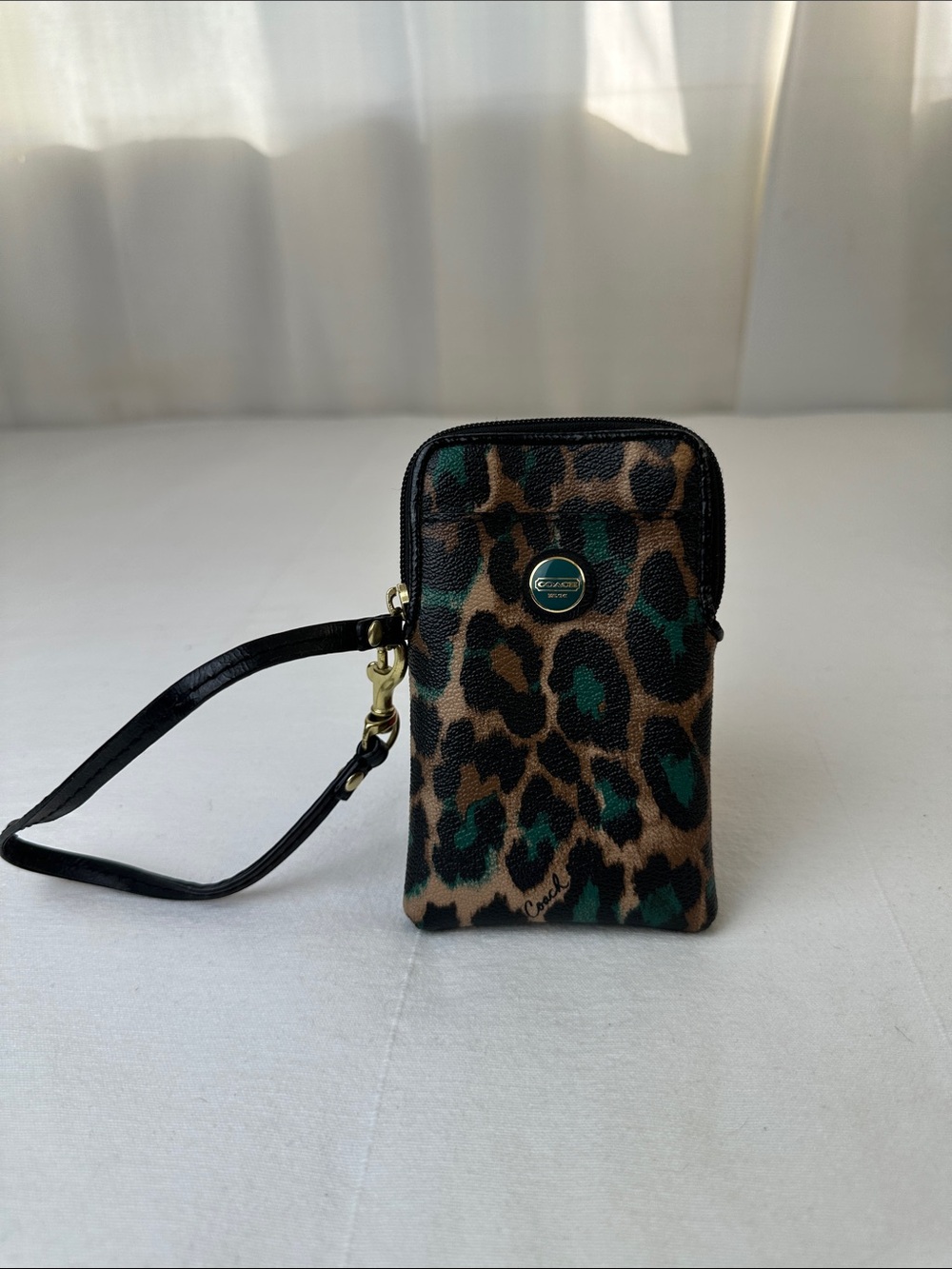 Coach Leopard Print Wristlet with Green and Black Accents